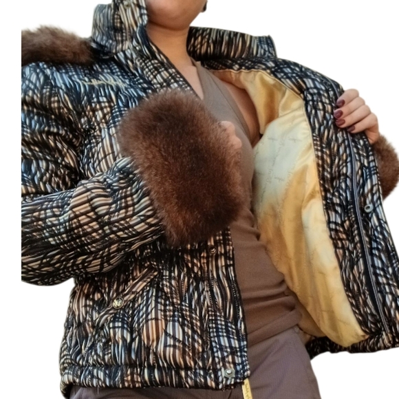Baby Phat Faux Fur Quilted Puffer Coat Y2K Gold Brown Blue M - Picture 6 of 6
